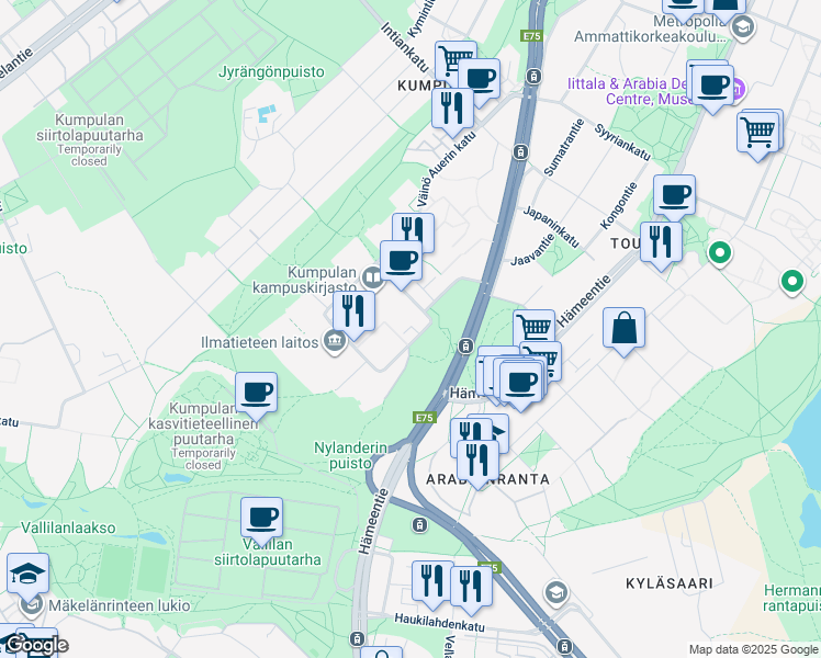 map of restaurants, bars, coffee shops, grocery stores, and more near 5 Pietari Kalmin katu in Helsinki