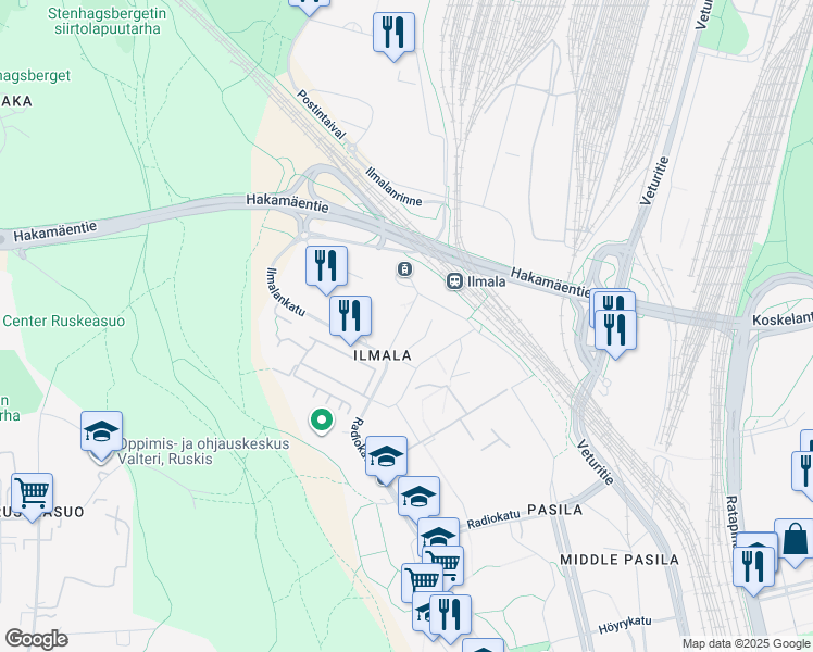 map of restaurants, bars, coffee shops, grocery stores, and more near 3 Ilmalankuja in Helsinki