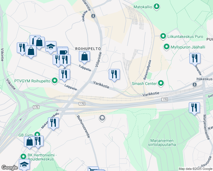 map of restaurants, bars, coffee shops, grocery stores, and more near in Helsinki