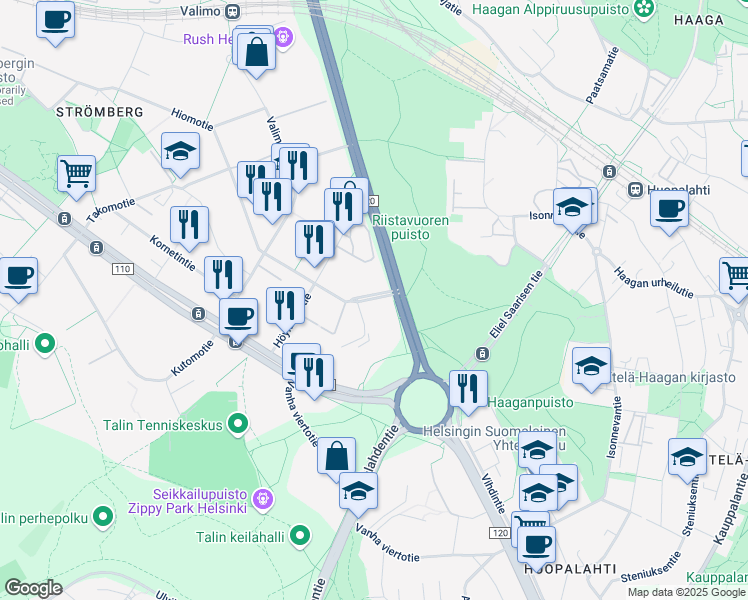 map of restaurants, bars, coffee shops, grocery stores, and more near in Helsinki