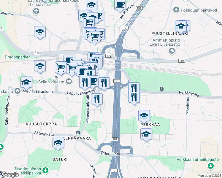 map of restaurants, bars, coffee shops, grocery stores, and more near in Espoo