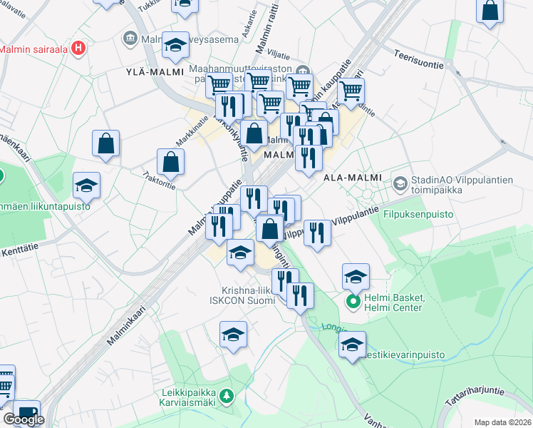 map of restaurants, bars, coffee shops, grocery stores, and more near 19 Vanha Helsingintie in Helsinki