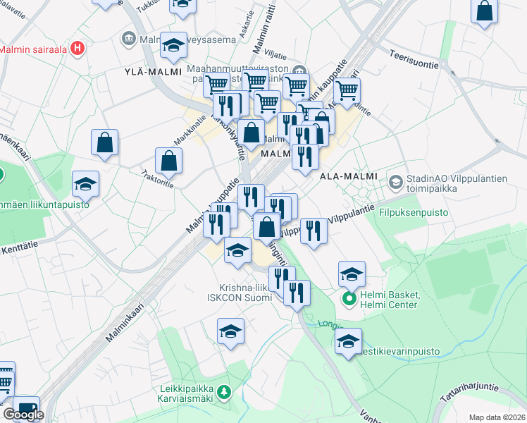 map of restaurants, bars, coffee shops, grocery stores, and more near 19 Vanha Helsingintie in Helsinki