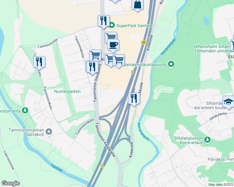 map of restaurants, bars, coffee shops, grocery stores, and more near 7 Tammiston kauppatie in Vantaa
