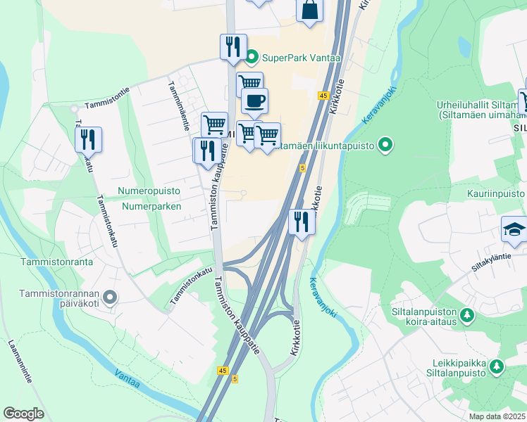 map of restaurants, bars, coffee shops, grocery stores, and more near 7 Tammiston kauppatie in Vantaa