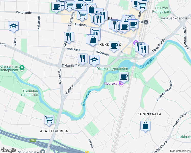 map of restaurants, bars, coffee shops, grocery stores, and more near in Vantaa