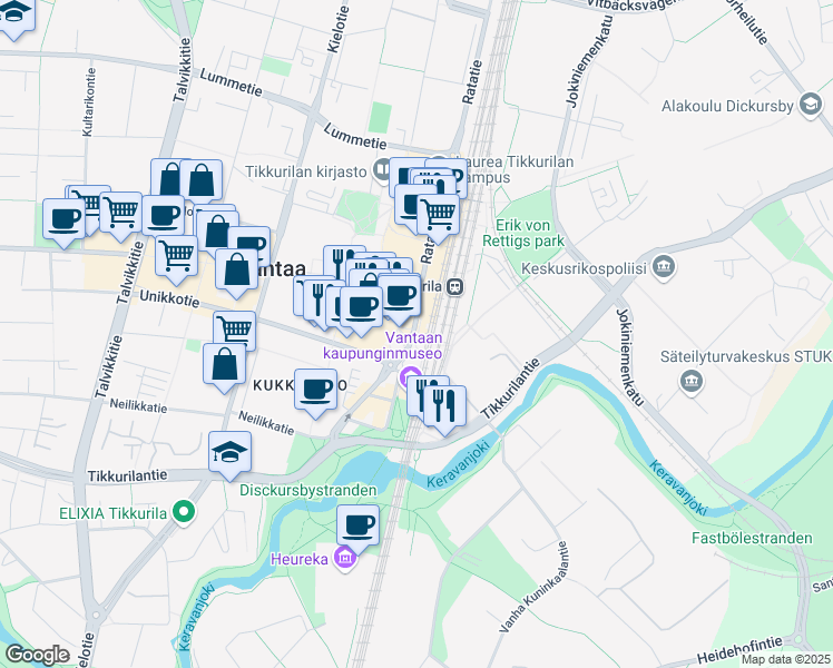 map of restaurants, bars, coffee shops, grocery stores, and more near 11 Ratatie in Vantaa