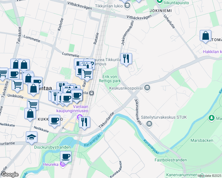 map of restaurants, bars, coffee shops, grocery stores, and more near 9 Lauri Korpisen katu in Vantaa