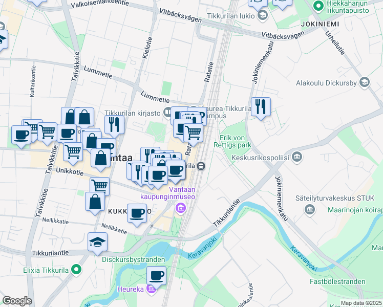 map of restaurants, bars, coffee shops, grocery stores, and more near 11 Ratatie in Vantaa