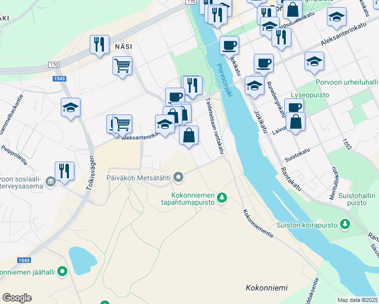 map of restaurants, bars, coffee shops, grocery stores, and more near Taidetehtaankatu in Porvoo