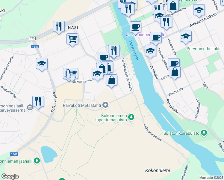 map of restaurants, bars, coffee shops, grocery stores, and more near Taidetehtaankatu in Porvoo
