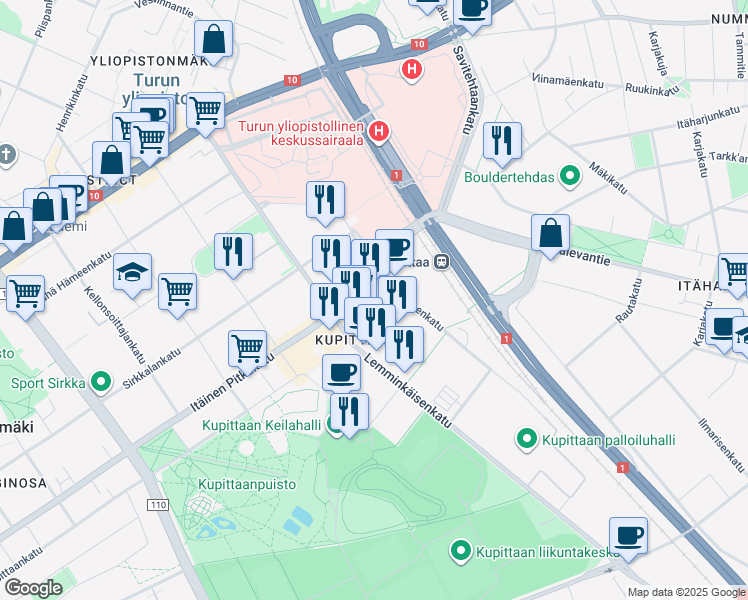 map of restaurants, bars, coffee shops, grocery stores, and more near 4 A Tykistökatu in Turku
