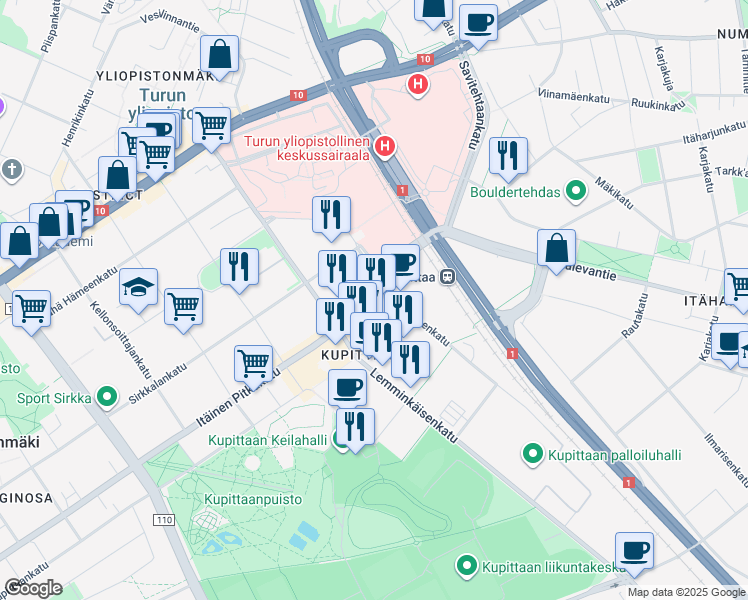 map of restaurants, bars, coffee shops, grocery stores, and more near 4 A Tykistökatu in Turku