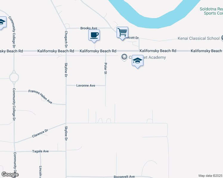 map of restaurants, bars, coffee shops, grocery stores, and more near 46775 Lavonne Avenue in Soldotna
