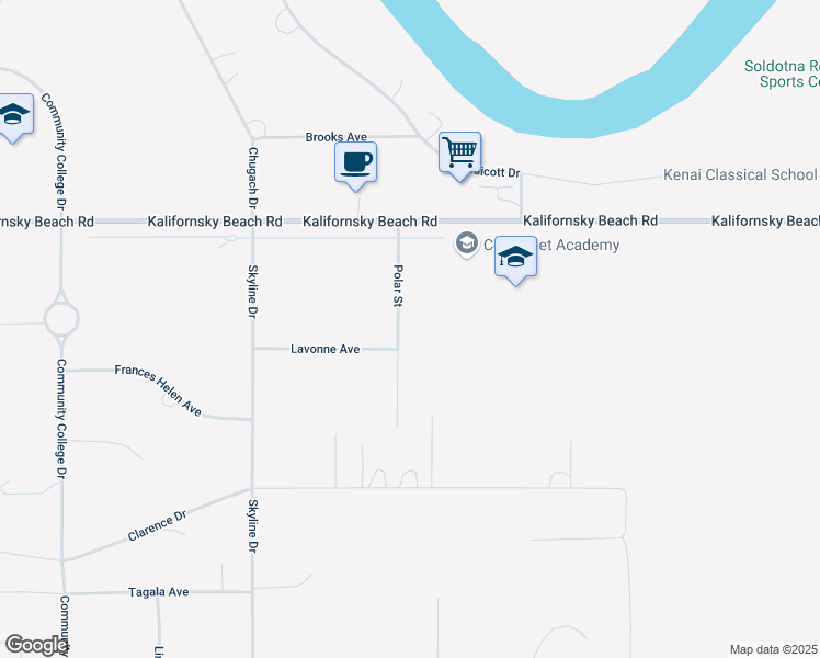 map of restaurants, bars, coffee shops, grocery stores, and more near 46775 Lavonne Avenue in Soldotna