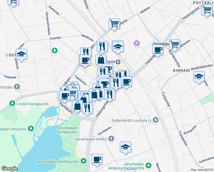 map of restaurants, bars, coffee shops, grocery stores, and more near 12 Sibeliuksenkatu in Järvenpää
