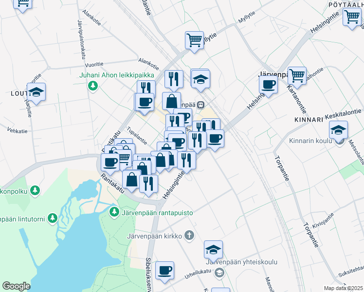 map of restaurants, bars, coffee shops, grocery stores, and more near 12 Sibeliuksenkatu in Järvenpää