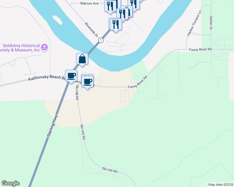 map of restaurants, bars, coffee shops, grocery stores, and more near 48707 Funny River Road in Soldotna