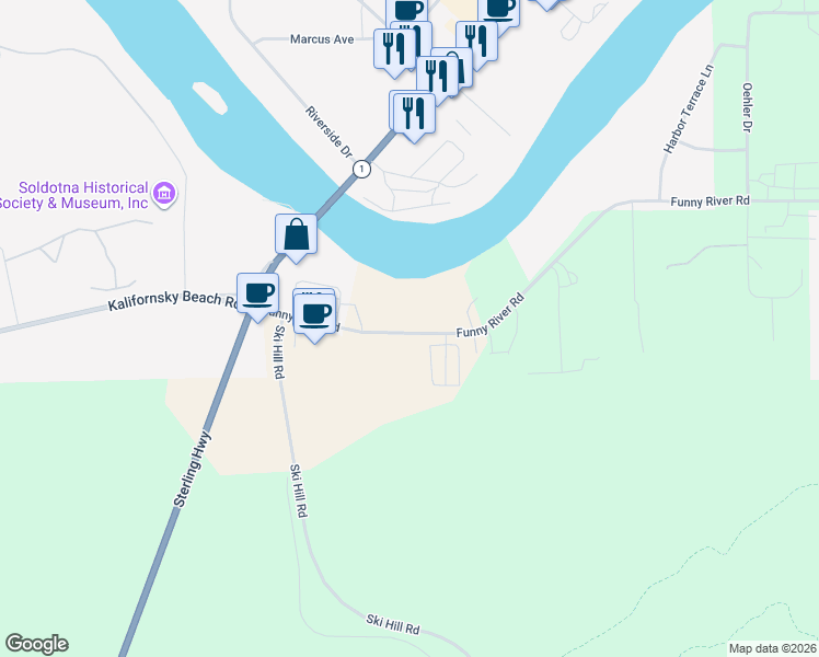 map of restaurants, bars, coffee shops, grocery stores, and more near 48707 Funny River Road in Soldotna