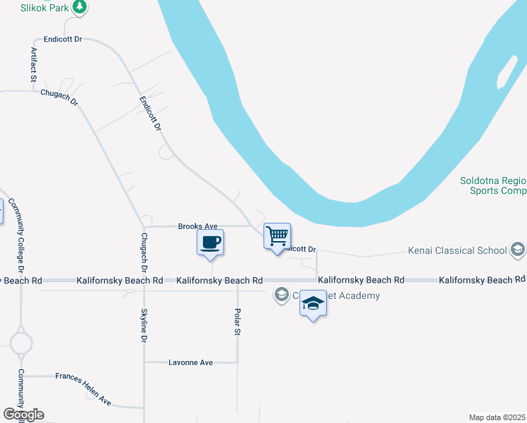 map of restaurants, bars, coffee shops, grocery stores, and more near 765 Brooks Avenue in Soldotna