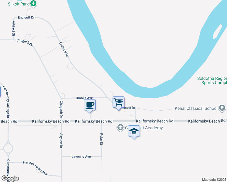 map of restaurants, bars, coffee shops, grocery stores, and more near 765 Brooks Avenue in Soldotna