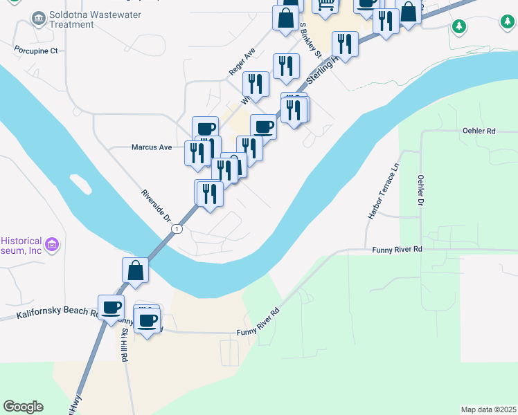 map of restaurants, bars, coffee shops, grocery stores, and more near 44701 Sterling Highway in Soldotna