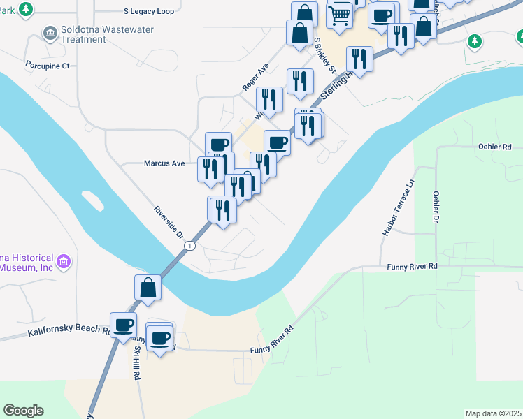 map of restaurants, bars, coffee shops, grocery stores, and more near 44701 Sterling Highway in Soldotna