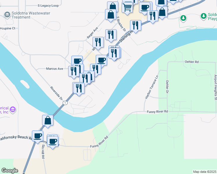 map of restaurants, bars, coffee shops, grocery stores, and more near 376-398 Lovers Ln in Soldotna