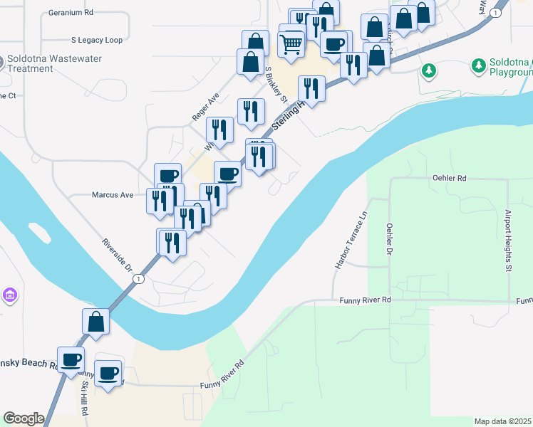 map of restaurants, bars, coffee shops, grocery stores, and more near 376 Lovers Ln in Soldotna