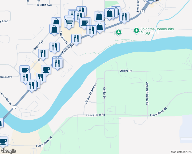 map of restaurants, bars, coffee shops, grocery stores, and more near 31 Harbor Terrace Lane in Soldotna