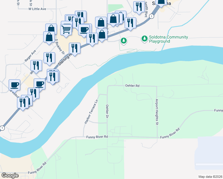 map of restaurants, bars, coffee shops, grocery stores, and more near 320 Harbor Terrace in Soldotna