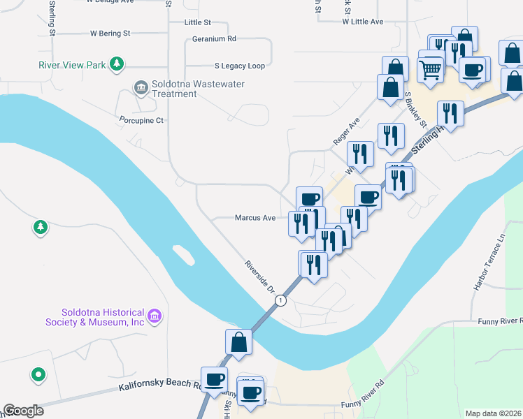 map of restaurants, bars, coffee shops, grocery stores, and more near 205 Stacy Drive in Soldotna