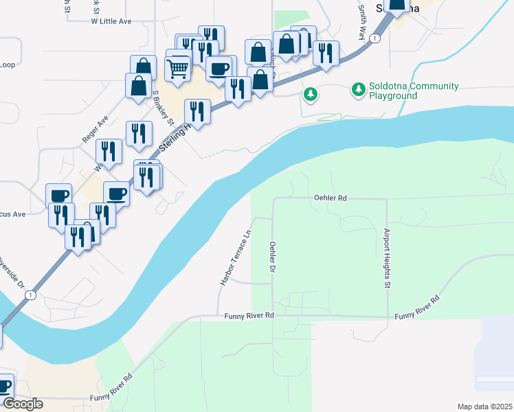 map of restaurants, bars, coffee shops, grocery stores, and more near 307 Harbor Terrace Lane in Soldotna