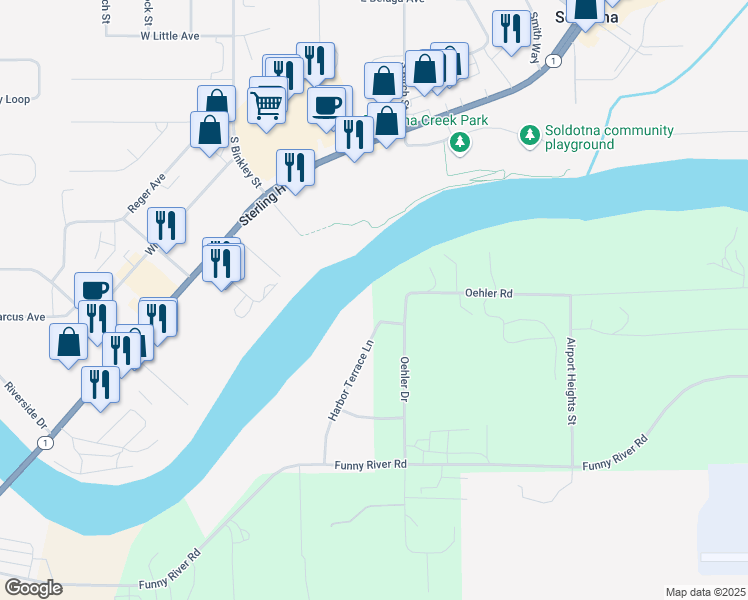map of restaurants, bars, coffee shops, grocery stores, and more near 31 Harbor Terrace Lane in Soldotna