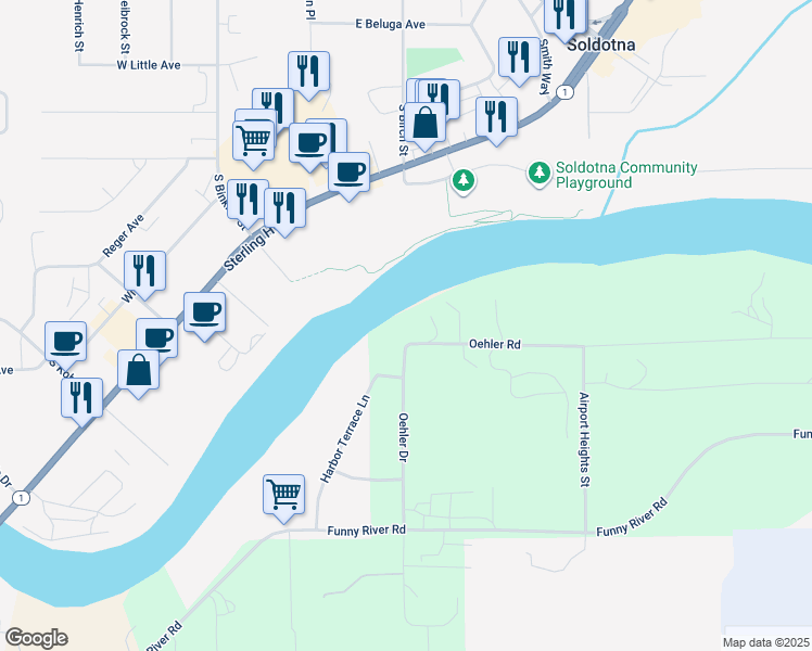 map of restaurants, bars, coffee shops, grocery stores, and more near 43580 Oehler Road in Soldotna