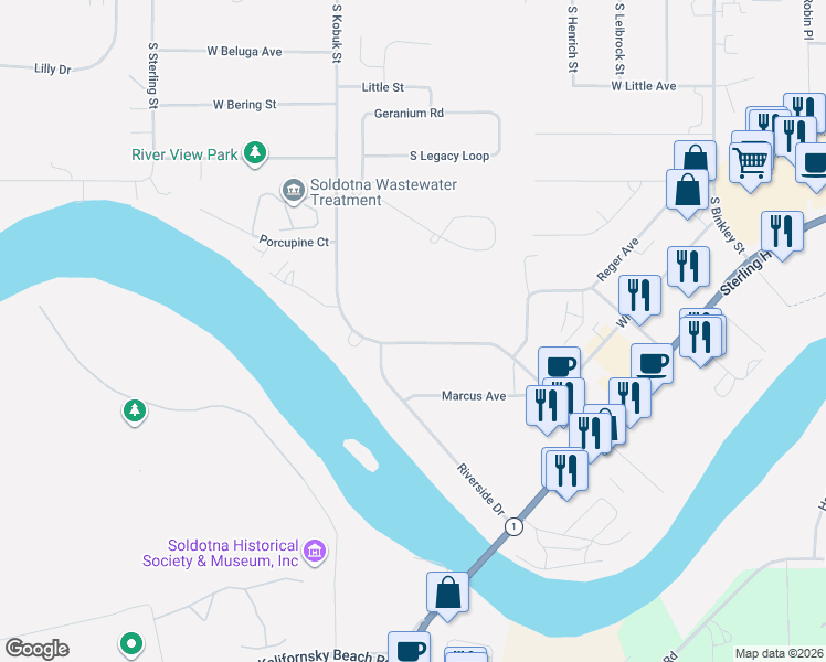map of restaurants, bars, coffee shops, grocery stores, and more near 334 South Kobuk Street in Soldotna