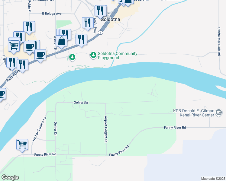 map of restaurants, bars, coffee shops, grocery stores, and more near 44058 Oehler Road in Soldotna