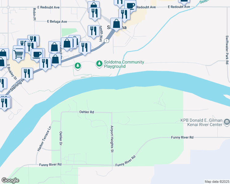 map of restaurants, bars, coffee shops, grocery stores, and more near 44058 Oehler Road in Soldotna