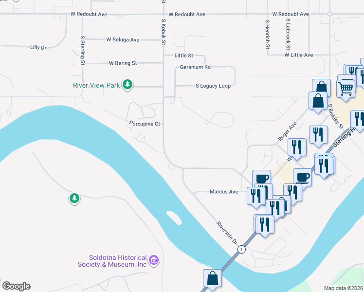 map of restaurants, bars, coffee shops, grocery stores, and more near 300 South Kobuk Street in Soldotna