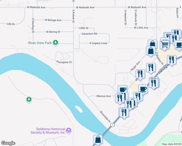 map of restaurants, bars, coffee shops, grocery stores, and more near 300 South Kobuk Street in Soldotna