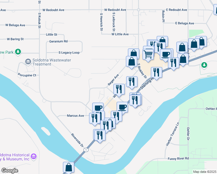map of restaurants, bars, coffee shops, grocery stores, and more near 264 South Fireweed Street in Soldotna