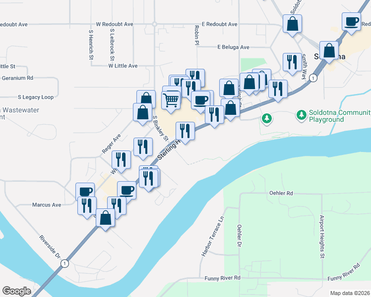map of restaurants, bars, coffee shops, grocery stores, and more near 44433 Sterling Highway in Soldotna
