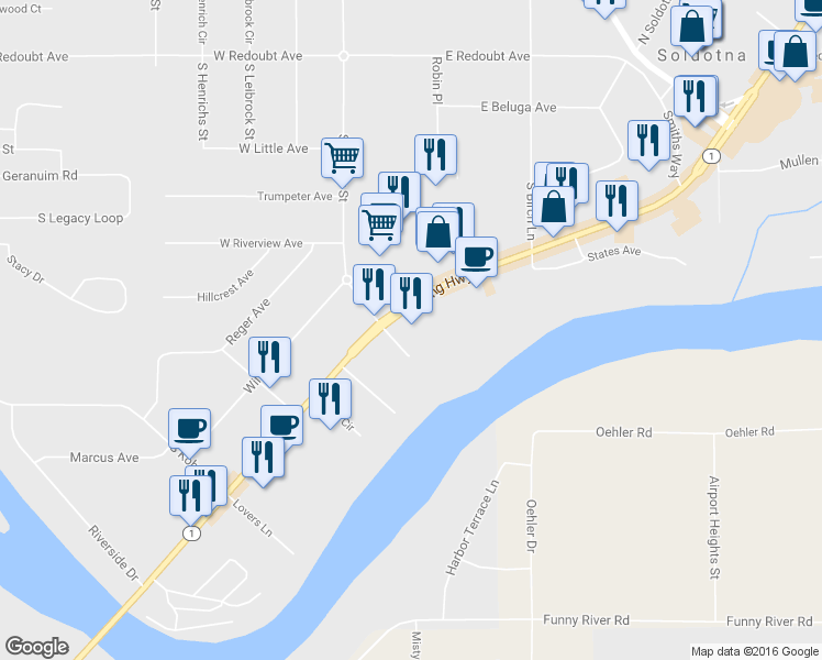 map of restaurants, bars, coffee shops, grocery stores, and more near 44433 Sterling Highway in Soldotna