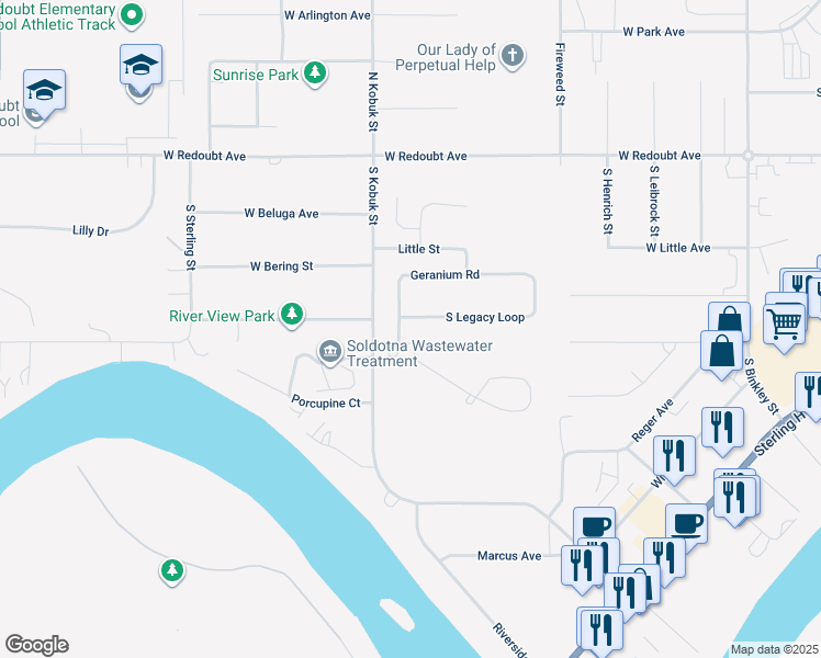 map of restaurants, bars, coffee shops, grocery stores, and more near 281 South Legacy Loop in Soldotna