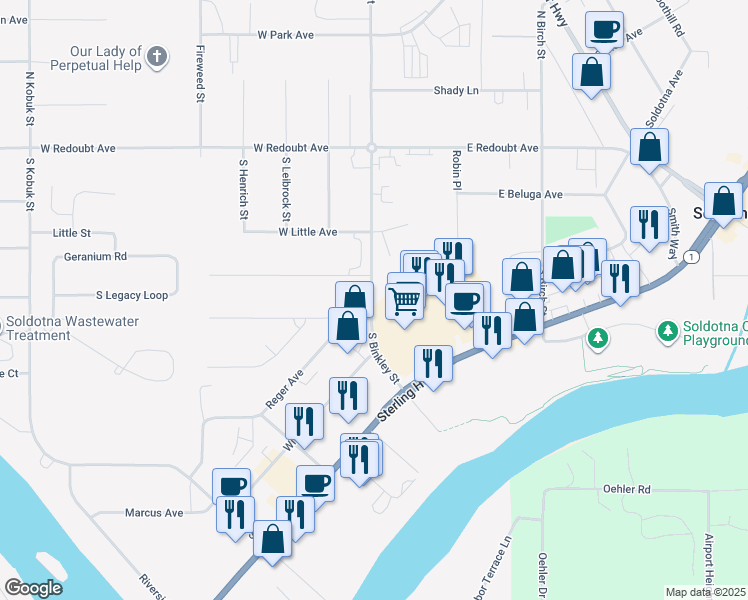 map of restaurants, bars, coffee shops, grocery stores, and more near 109 Hillcrest Avenue in Soldotna