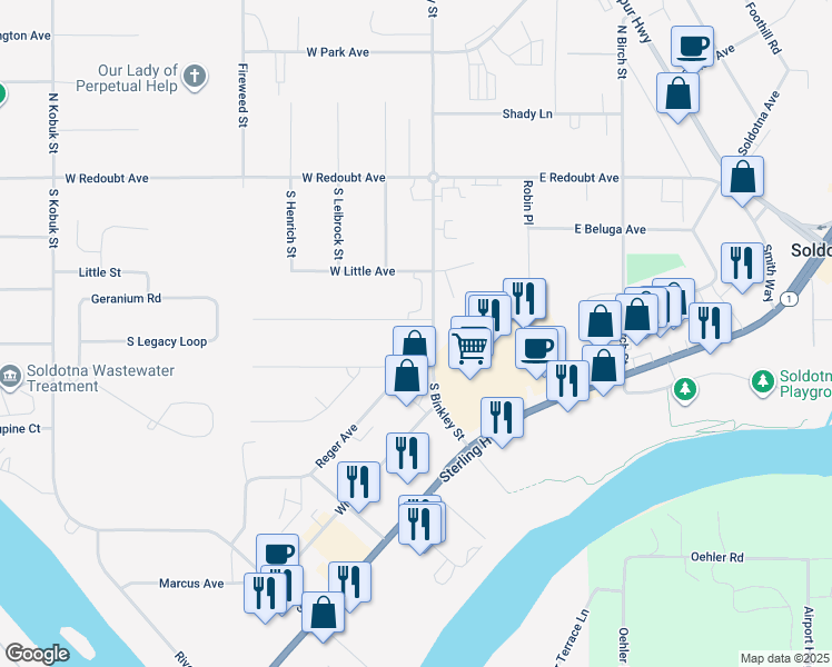 map of restaurants, bars, coffee shops, grocery stores, and more near 109 Hillcrest Avenue in Soldotna