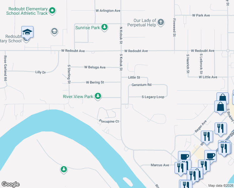 map of restaurants, bars, coffee shops, grocery stores, and more near 304 West Riverview Avenue in Soldotna