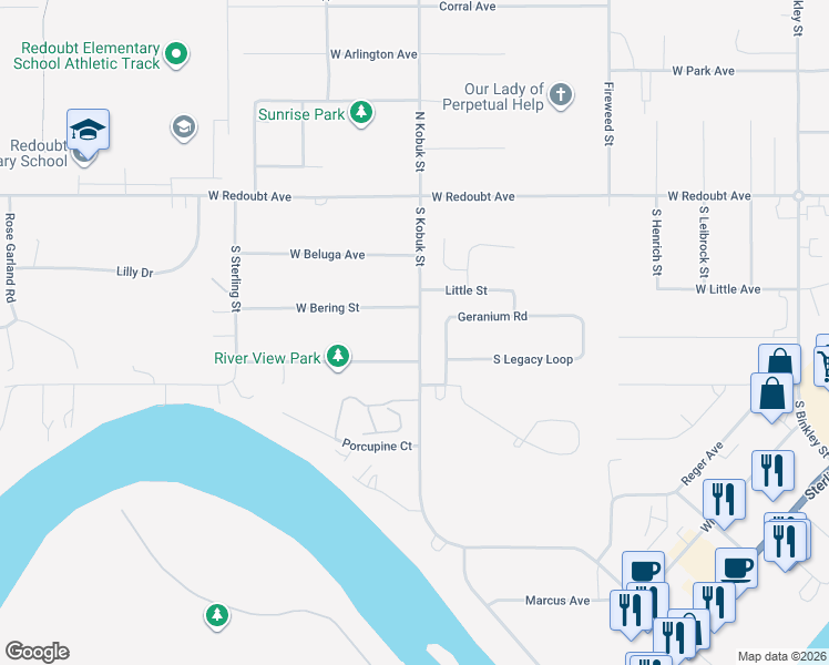 map of restaurants, bars, coffee shops, grocery stores, and more near 304 West Riverview Avenue in Soldotna