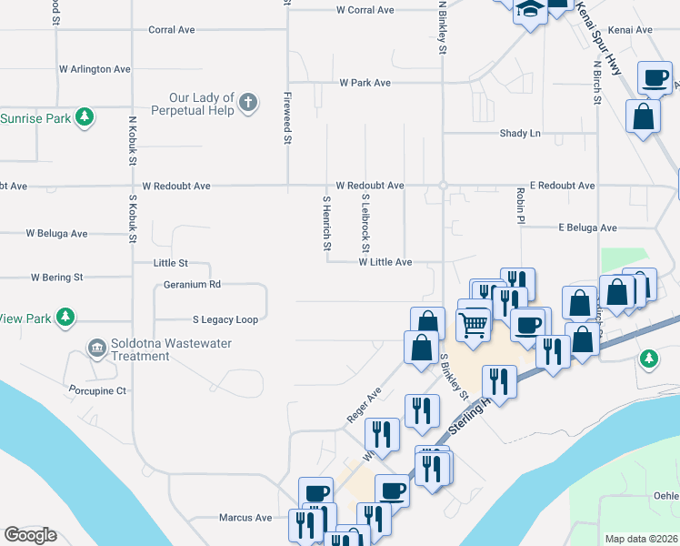map of restaurants, bars, coffee shops, grocery stores, and more near 197 West Little Avenue in Soldotna