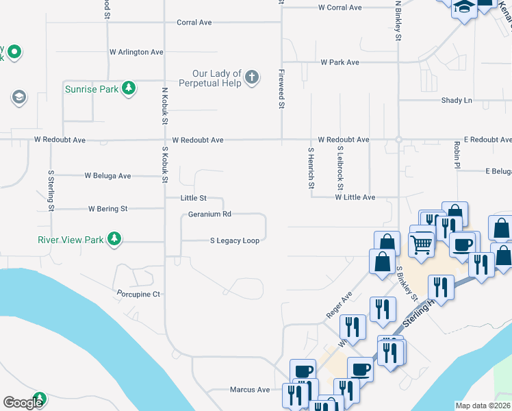 map of restaurants, bars, coffee shops, grocery stores, and more near 222 Geranium Road in Soldotna